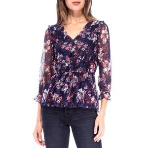 Bobeau NWT Surplice Neck Three-Quarter Sleeve Floral Print Top Small